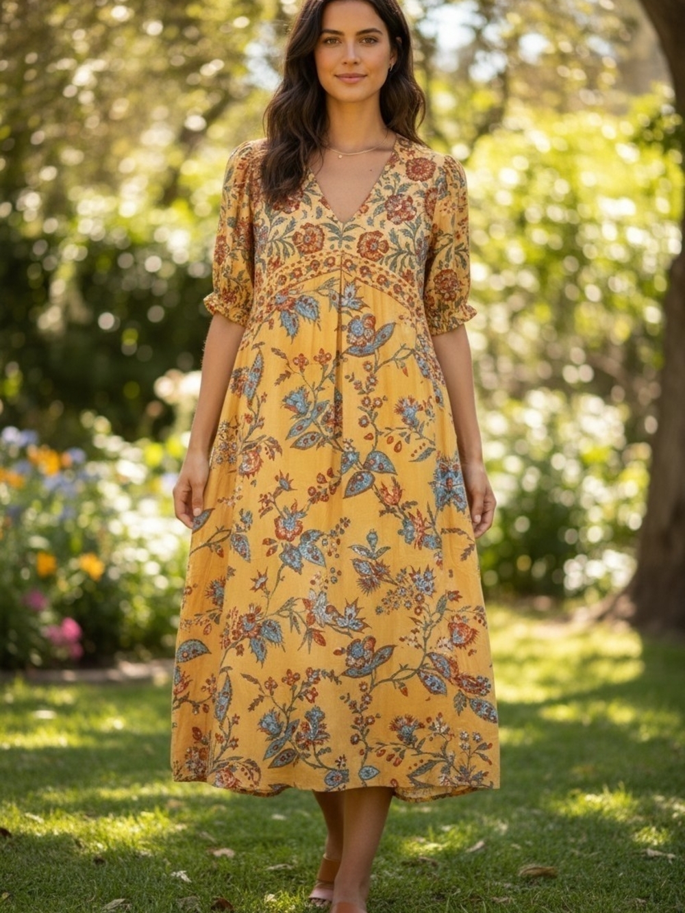 Yellow Floral V-Neck Midi Dress